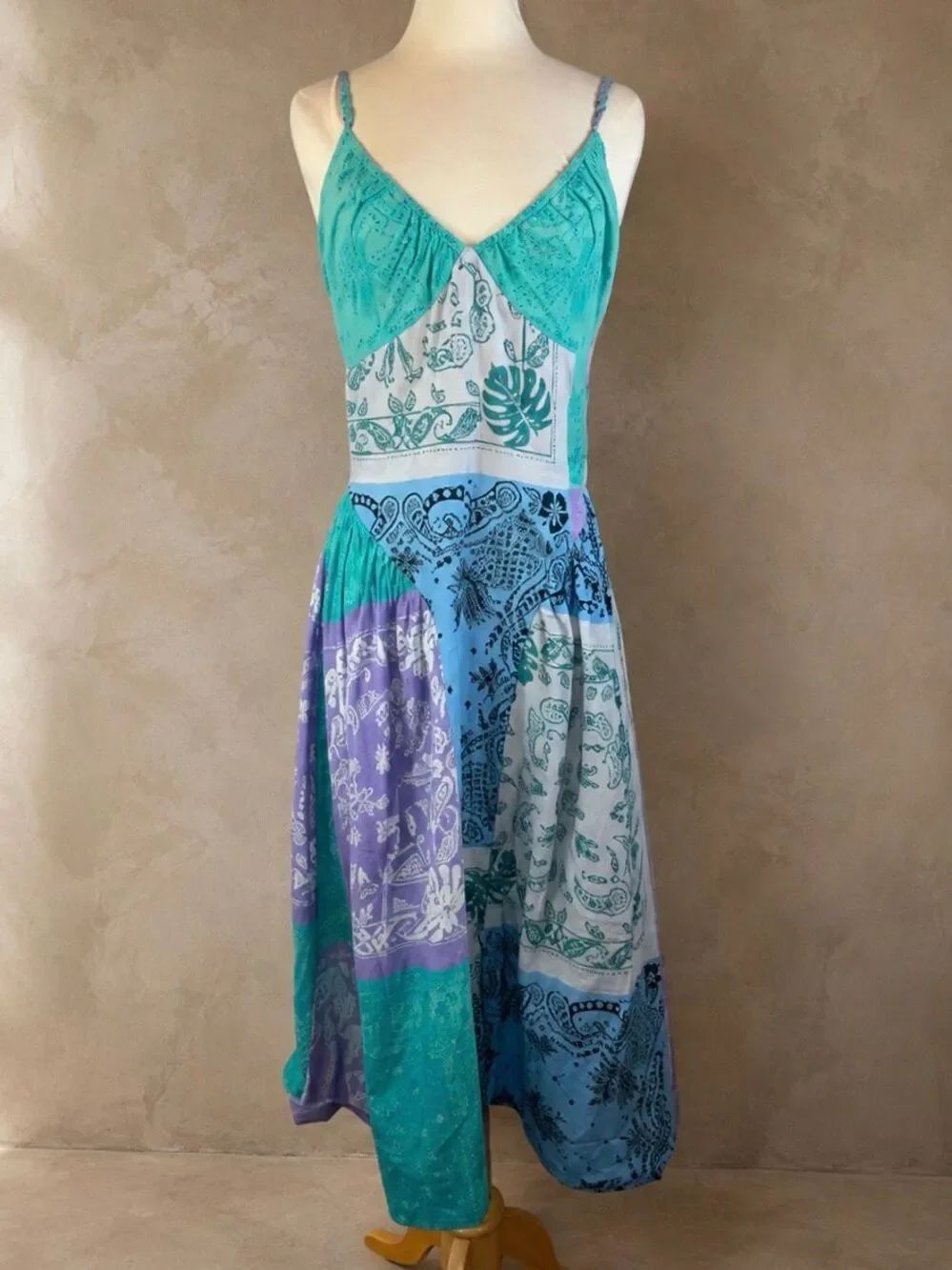 Free People Sz M Wish You Would Midi Dress Bandana Print Cotton Cami Blue Purpl